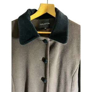 90's Vtg Steampunk HALSTON Full Length MAXI Brown Wool Dress Coat Velvet Trim 12